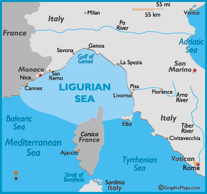Лигурийское море омывает берега Италии и Франции